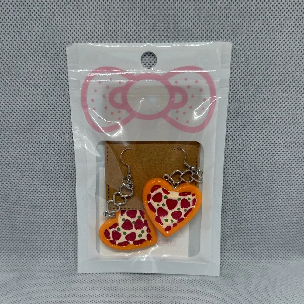 Handmade Triple Heart Dangle Heart Shaped Pizza Earrings